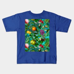 Vibrant tropical floral leaves and fruits floral illustration, botanical pattern, Turquoise Blue fruit pattern over a Kids T-Shirt